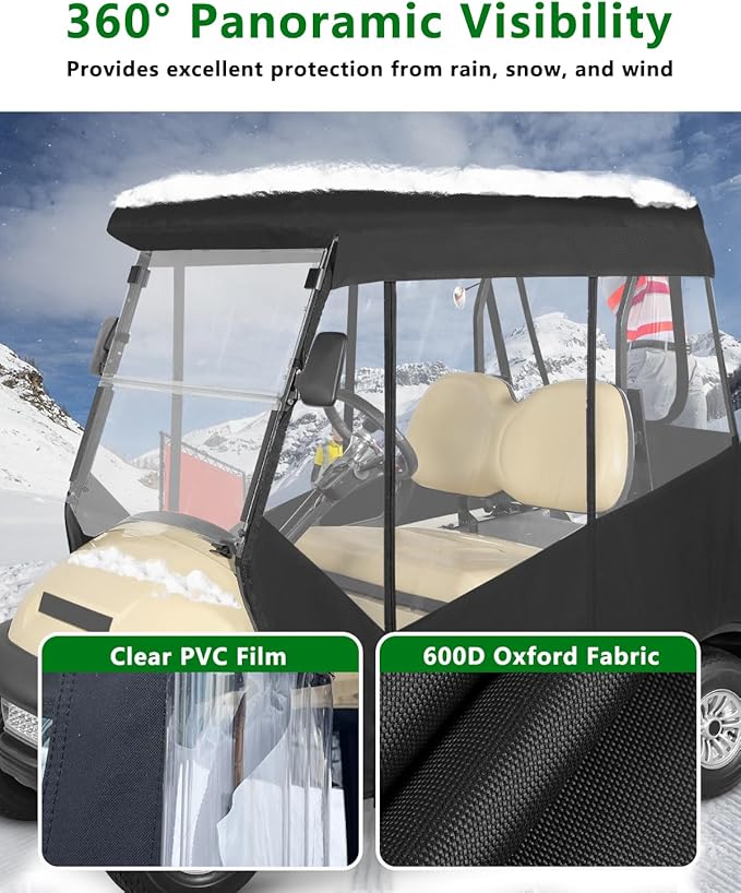 Golf Cart Enclosure 2 Passenger for Club Car Precedent,600D Clear Rain Cover Driving Enclosure 2 Seater,Full Roll Up 3 Sided Transparent Windows&Door with Heavy Duty Zipper,Side Mirrors Openings