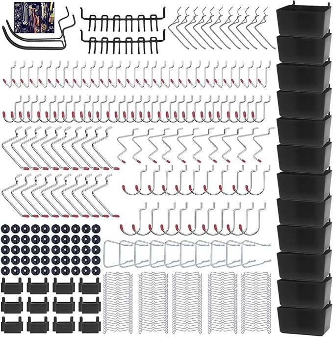 Calax 338PCS Pegboard Hooks Organizer Kit, Fit 1/8 or 1/4 inch Peg Board with Storage Bins, Pegboard Assortment Hooks Accessories Tool Hanging Storage for Garage, Kitchen, Bathroom (338)