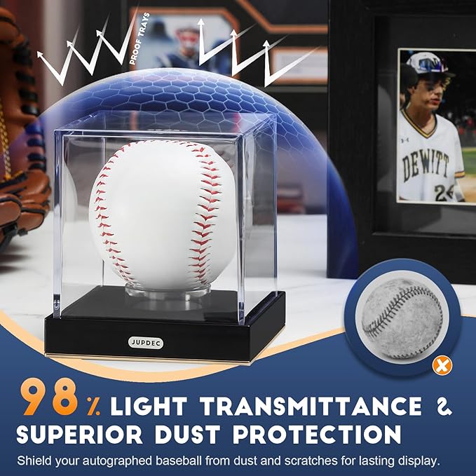 JupDec Baseball Display Case, Clear Acrylic Cube Baseball Holder with Durable Base, UV Protected Autograph Stand Box for Single Ball, Ideal Gift for Collector & Sports Enthusiast, Gold, 2 Pack