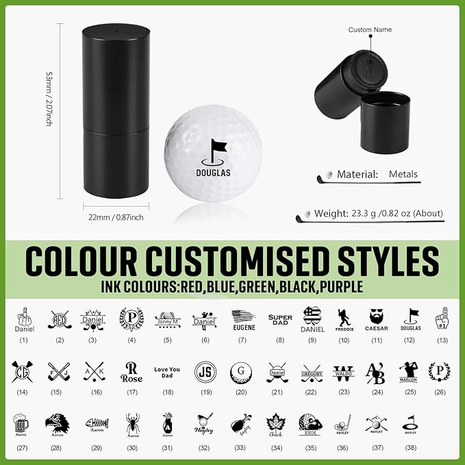 Golf Ball Stamp Personalized Marker - Premium Metal Custom Golf Ball Stamp - Quick-Dry Ink Monogram Identifier - Unique Golfing Accessories Gifts for Men Dad (Black + Black Ink + Iron Box)