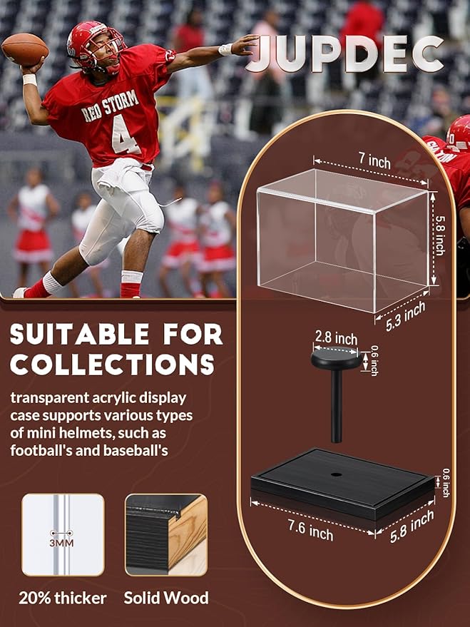 JupDec Mini Helmet Display Case, Acrylic Clear 1/2 Football Baseball Helmet Showcase, UV Protection Souvenirs and Collectibles Box with Solid Wood Base & Riser, Ideal Gift for Sports Enthusiast, Black