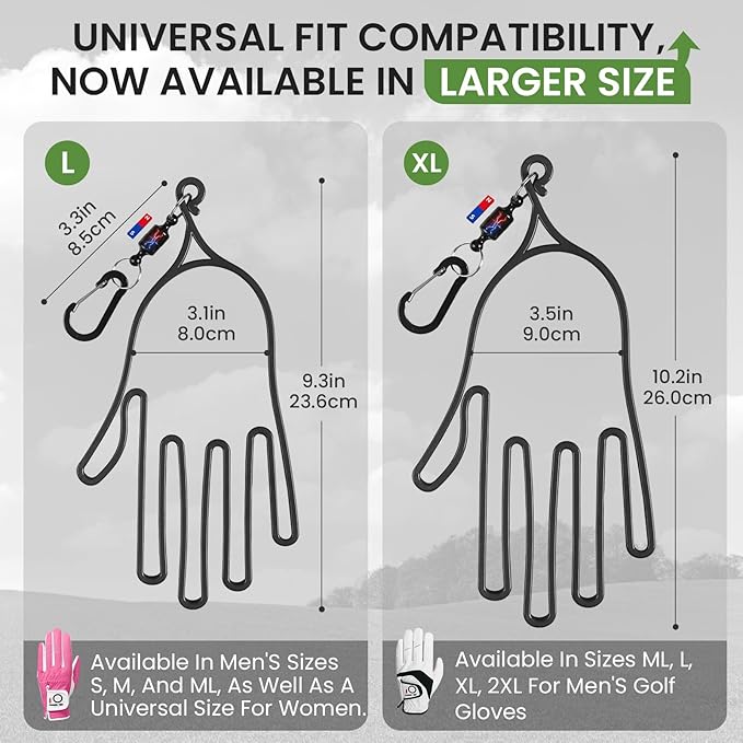 FINGER TEN Golf Gloves Stretcher Universal with Strong Magnetic Carabiner Clip 2 Pack, Durable Glove Support Plastic Holder Hanger Keeper Dryer, Size Large XL for Men Women
