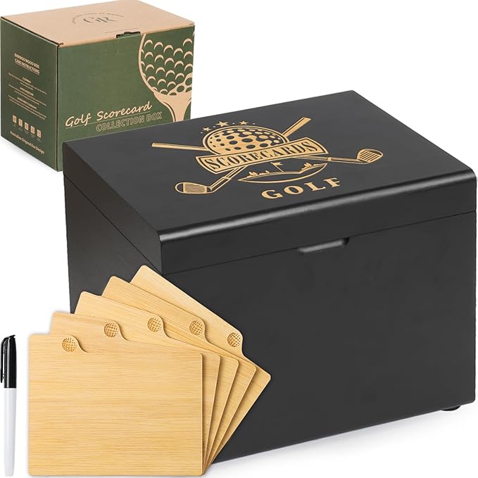 Golf Storage Box Golf Gifts - Golf Scorecard Collection Box with 5 Wooden Dividers - Golf Organizer for Scorecards, Photos, Keepsakes; Fathers Day Dad Gifts for Men from Wife (Black)