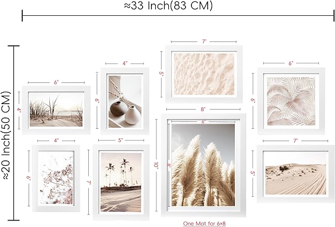 ArtbyHannah Gallery Wall Frame Set, 8 Pack Picture Frames Collage Wall Art Decor with Neutral Pampas Grass for Bedroom, Assorted Size Including 8"x10", 5"x7", 4"x6", 6"x6"(White Frame,Small)