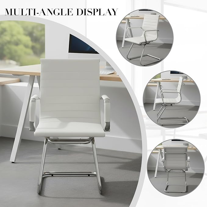 CIMOTA Waiting Room Chairs Leather Office Guest Chair Mid Back Reception Chairs with Sled Base for Meeting/Patient/Conference Room, White Set of 4