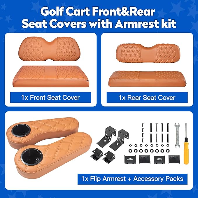 NOKINS Golf Cart Seat Covers for Club Car Precedent, Vinyl Front&Rear Seat Cover with Flip-Up Armrests kit, with Cup Holder, for 1" Square Tube (All Brown)