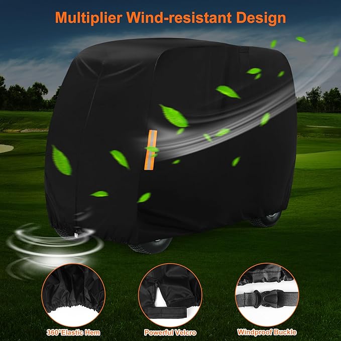 Golf Cart Cover 4 Passenger, 420D Heavy Duty Golf Cart Rain Cover with Waterproof Zipper and Reflective Strips, Universal Fits for 2+2/4 Seat Yamaha EZGO Honda Club Car