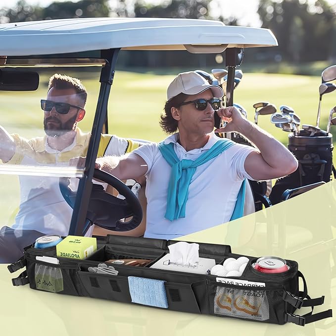 ORKELS Foldable Universal Golf Cart Storage Basket Organizer, No-Drill 1680D Inner Front Caddy for EZGO, Club Car, Kandi, and Electric Carts - Durable Black Organizer