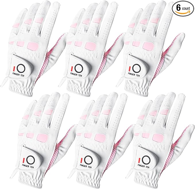 FINGER TEN Women’s Golf Gloves Ladies Left Hand Right Handed Golfer Value 6 Pack, All Weather Rain Grip Glove Pink Fit Small Medium Large XL
