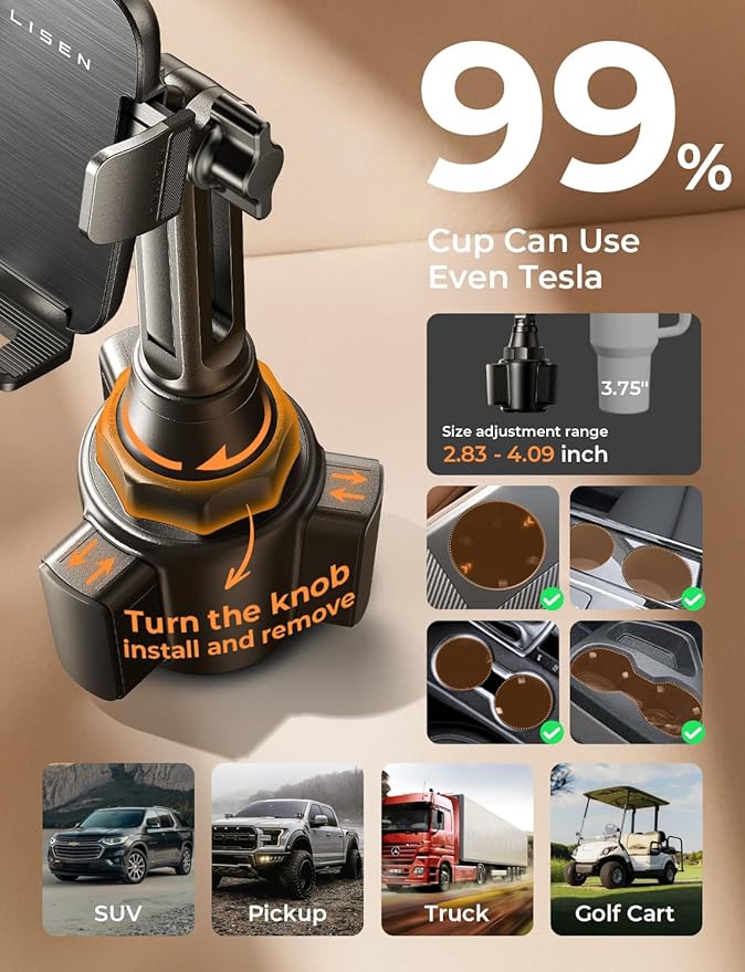 LISEN Upgraded Version Cup Holder Phone Holder 360° Adjustable Long Neck Car Phone Mount Golf Cart Phone Holder, Truck Jeep Accessories for iPhone 17 Air Pro Samsung Google and All 4-7'' Phone,Black