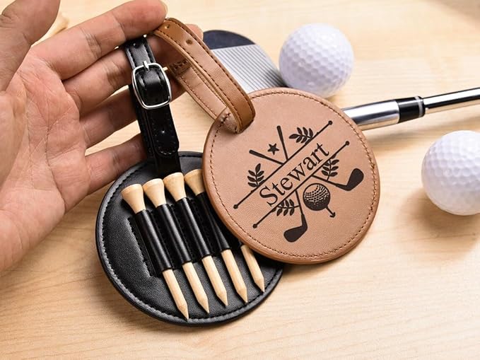 CFuniq® Engraved Leather Golf Bag Tag Gift with Golf Tees, Personalized Golf Tee Holder, Custom Golf Accessories, Groomsmen Gifts, Golf Gift for Men Women