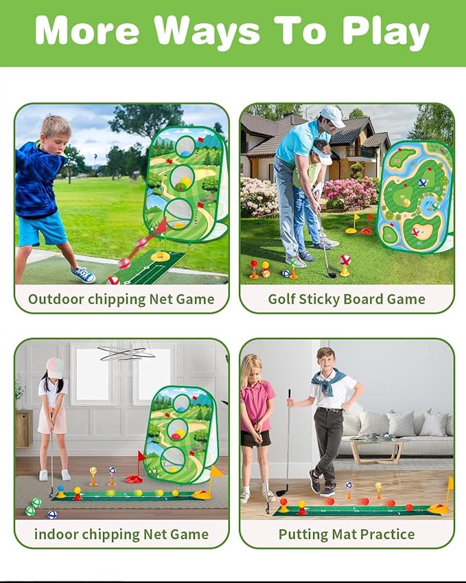 4-in-1 Kids Sticky Golf Games Set with Club, Golf Putting Practice Mat,3-Sided Golf Chipping Net, Multiple Game Modes, Golf Cornhole Board Set