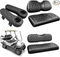 NOKINS Golf Cart Seat Covers for Club Car Precedent, Vinyl Front&Rear Seat Cover with Flip-Up Armrests kit, with Cup Holder, for 1" Square Tube (Black&Black Stitching)