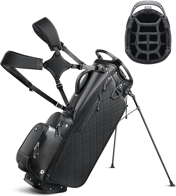 14 Way Golf Stand Bag, Full Length Dividers PU Leather Golf Bag with Plush Top for Men/Women, Waterproof & Versatile Storage Golf Bag with Cooler, Rain Cover and Removable Straps