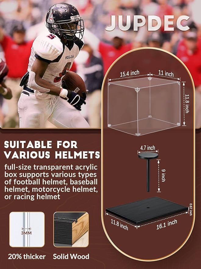 JupDec Football Helmet Display Case, Full Size Acrylic Baseball Motorcycle Helmet Showcase, UV Protection Souvenirs and Collectibles Box with Solid Wood Base & Riser, Ideal Gift for Sports Fans, Black