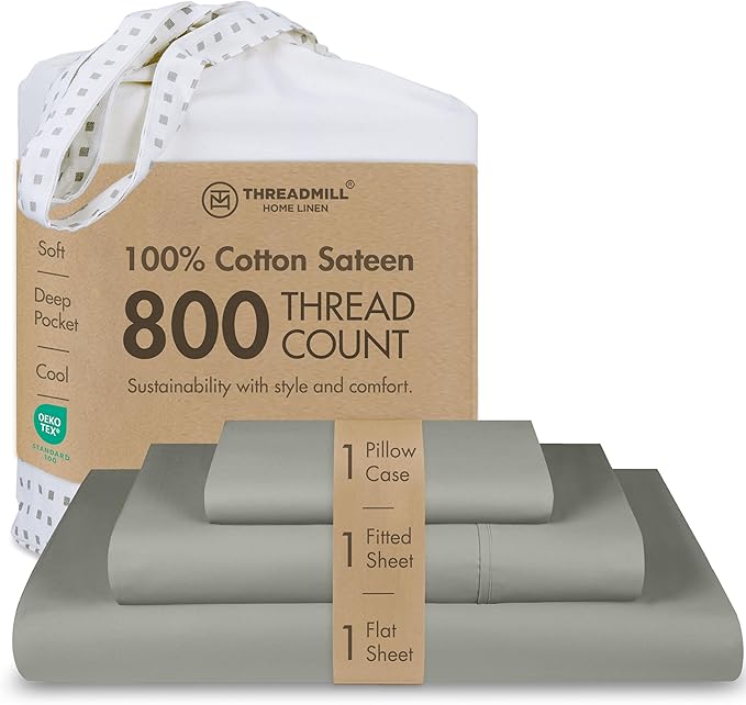 Threadmill Luxury 800 Thread Count Twin 100% Cotton Sheets - Moonrock Grey Sateen Weave Bed-Sheets, Better Than Egyptian Cotton,3 Pc Solid Soft Bedding Set, Fits 15" Deep Pocket