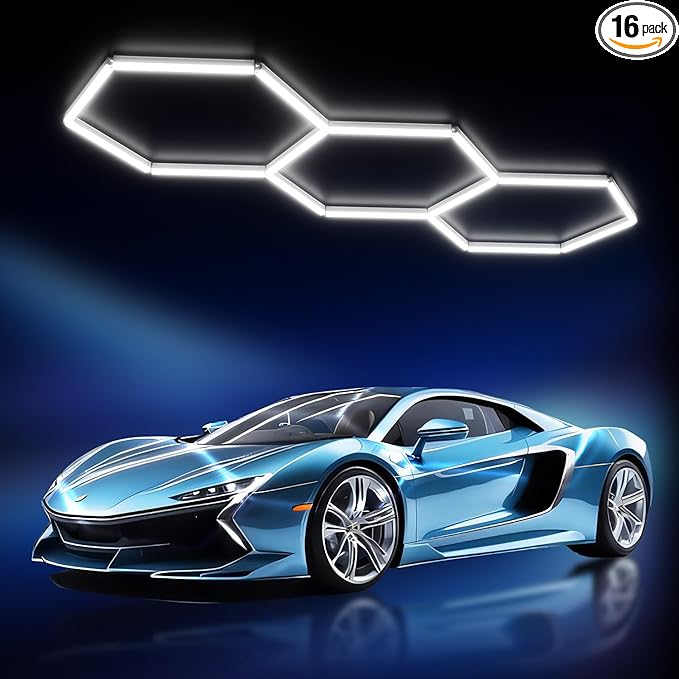 JTT Hexagon Garage Lights,16Pack 128W LED Garage Hexagon Lights,3 Grids 6500K Super Bright Car Detailing Ceiling LED Shop Light for Warehouse Workshop Gym Exhibition Hall Basement Car Care