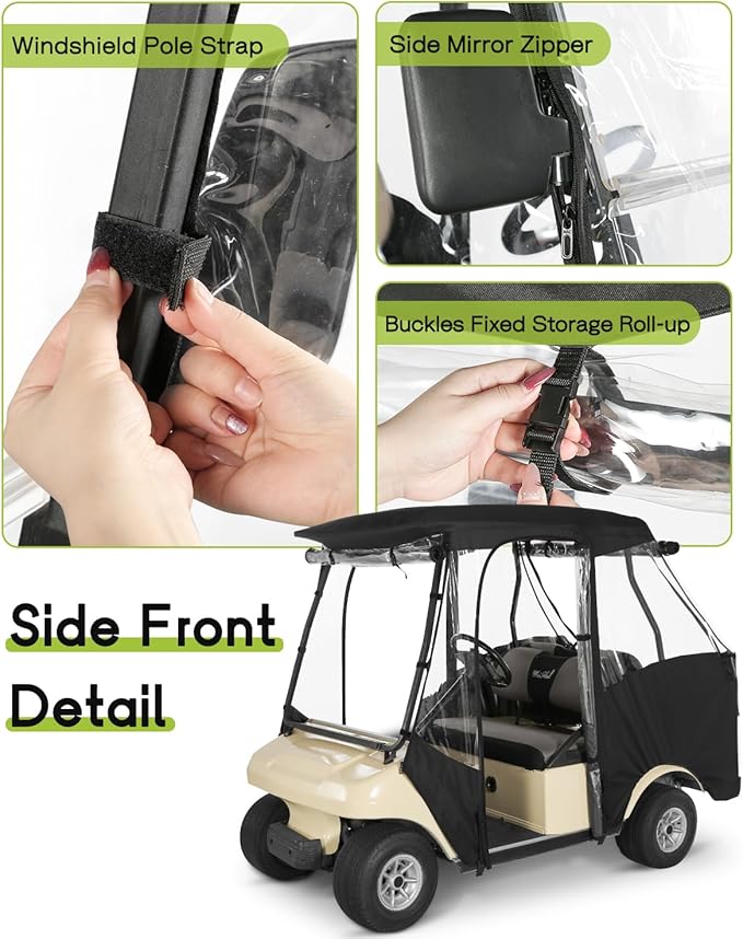 Golf Cart Enclosure 4 Passenger for Club Car DS 4-Seater 2+2 Short Roof Winter Waterproof Windproof Driving Rain Cover with 4-Sided Clear Windows Mirror Zipper Roll-up Door Black