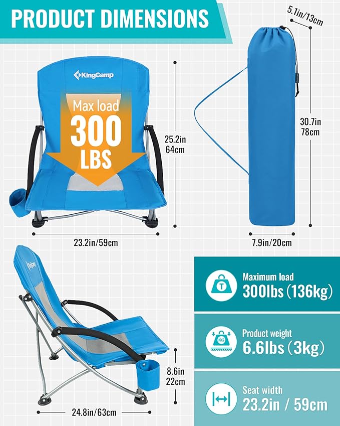 KingCamp Low Beach Chairs, Folding Portable Chair for Adults Lightweight Extra Wide Seat 300lbs Heavy Duty Oversized Backpack, Carry Bag for Camping