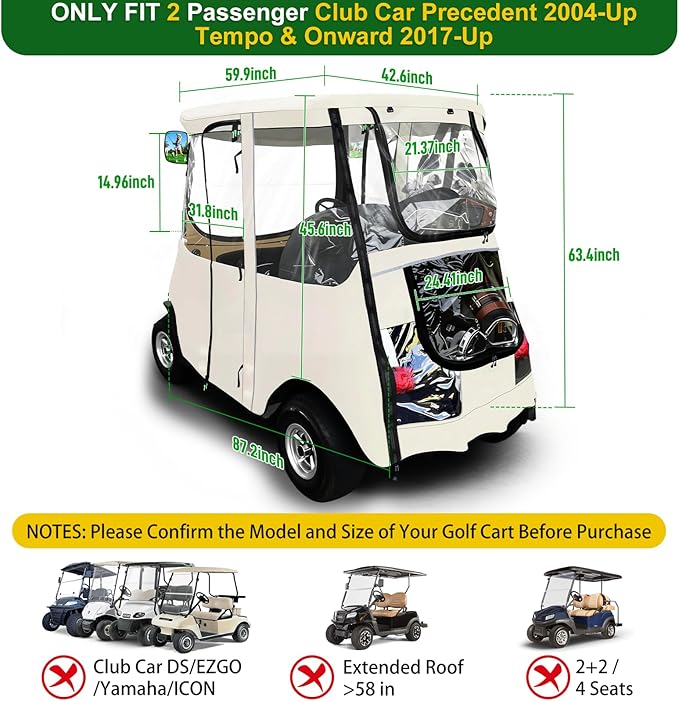Golf Cart Deluxe Driving Enclosure 2 Passenger Fits Club Car Precedent 2004-Up, Tempo & Onward 2017-Up, Fits Short Roof 42.6" W and 59.9" L, Clear Window with Door Zippers 600D Rain Cover