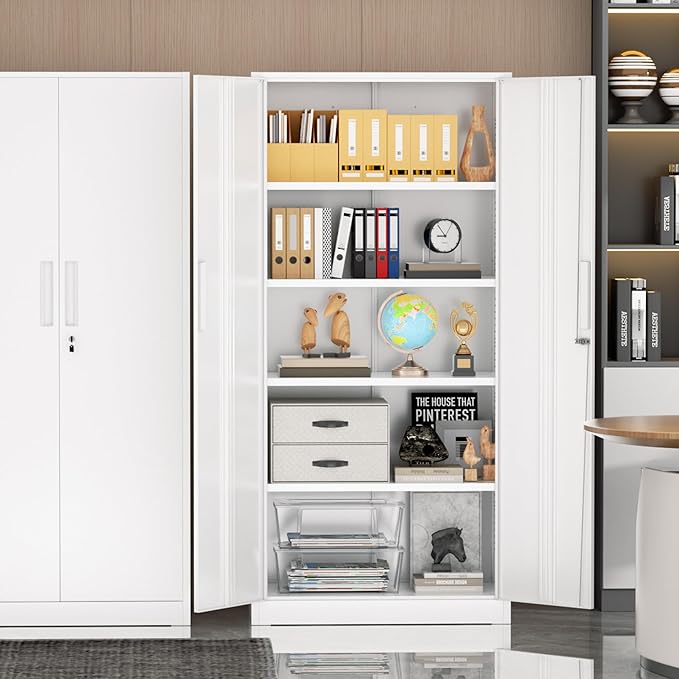 Incbruce 72” Metal Storage Cabinet, Locking Tall Steel Storage Cabinet with 2 Doors and 4 Adjustable Shelves for Garage, Home, Office (White)