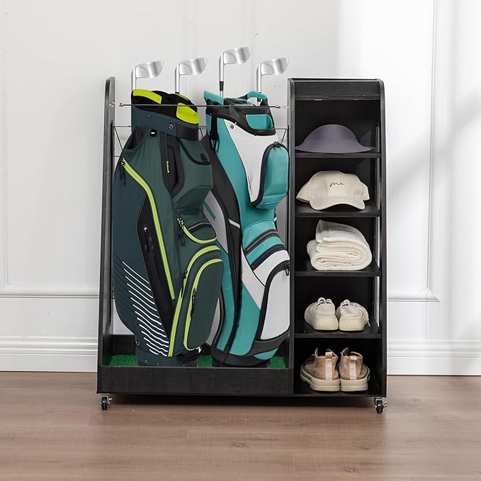 CHARMMA Golf Bag Organizer for Garage, Premium Wooden Golf Clubs Storage Rack Fit 2 Golf Bags, Golf Trunk Organizer for Car Garage Club Shed Basement,35.50x18.00x40.00in