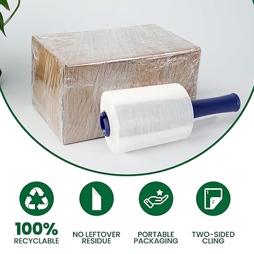 Adhes Recyclable Stretch Wrap Film 5 Inch x 1000 Feet, 4 Rolls with Handle, Heavy Duty Plastic Pallet Wrap for Moving, Packing, Shipping, Eco-Friendly, Tear Resistant, Self Adhering Clear Film