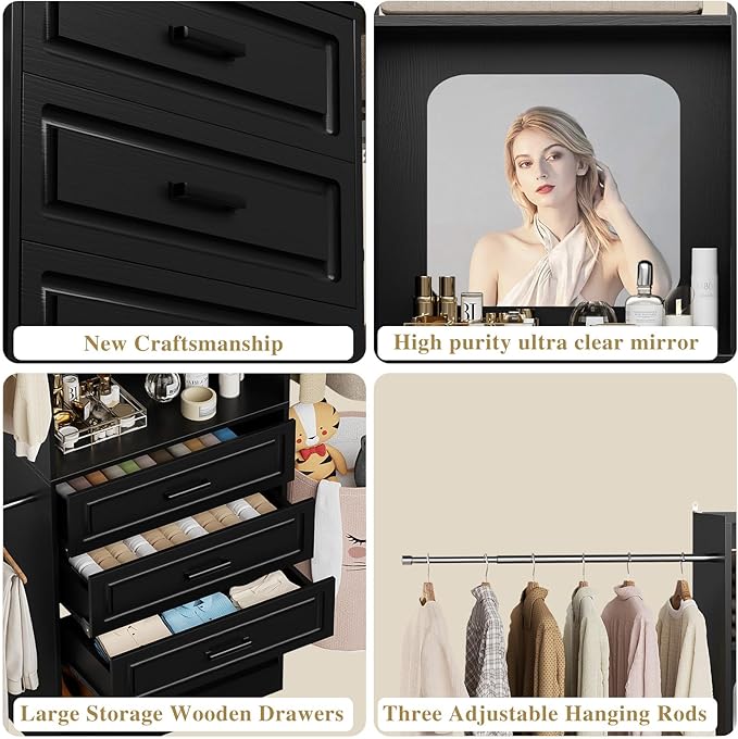 Unikito 8FT Closet System with Mirror, 96 Inch Walk in Closet Organizer Kit with Drawers and 3 Extendable Hanging Rods, Sturdy Wood Clothing Garment Rack with 25” Tower, Max Load 1000 LBS, Black