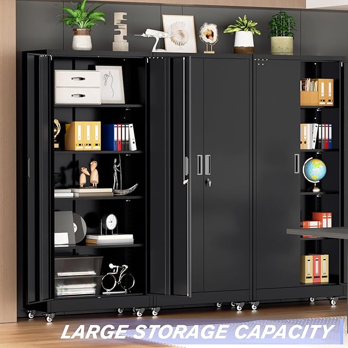 Pataku 73" Metal Storage Cabinet with Wheels, Garage Storage Cabinet with 4 Adjustable Shelves & Lockable Doors for Garage Home Office, Heavy Duty Tool Cabinets