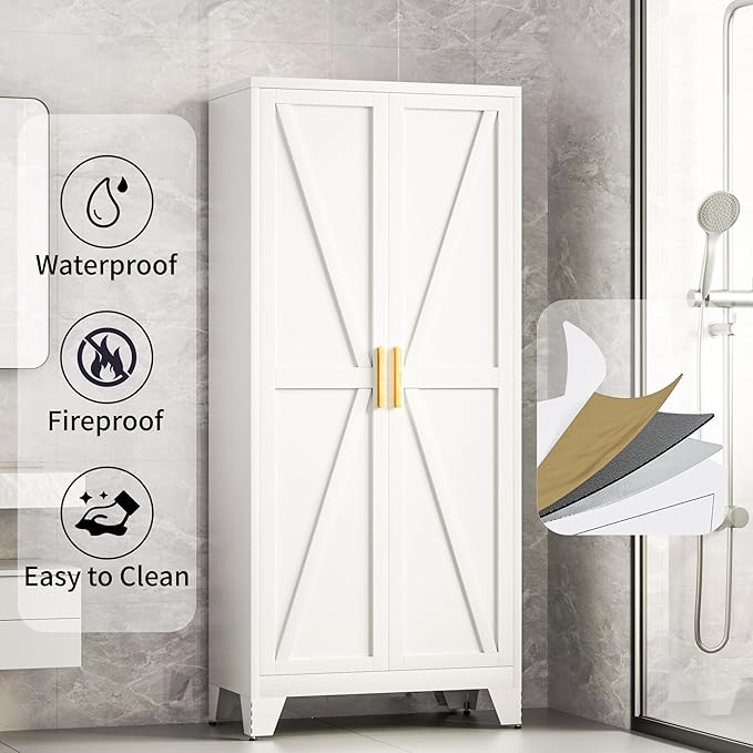 71H Tall Metal Storage Cabinet with 2 Doors and Adjustable Shelves,Farmhouse Storage Cabinet with Barn Doors,Pantry Storage for Home,Office,Dining Room,Kitchen,Bathroom(White)