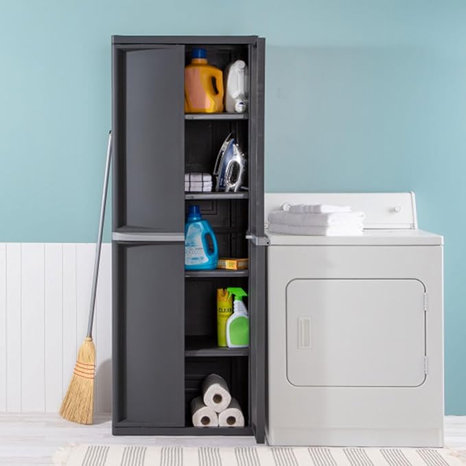Sterilite 4 Shelf Cabinet, Lockable Utility Storage w/ Adjustable Shelves, Gray - Plastic Shelving Unit for Organizing Garage, Pantry, Basement, Laundry Room or Mudroom
