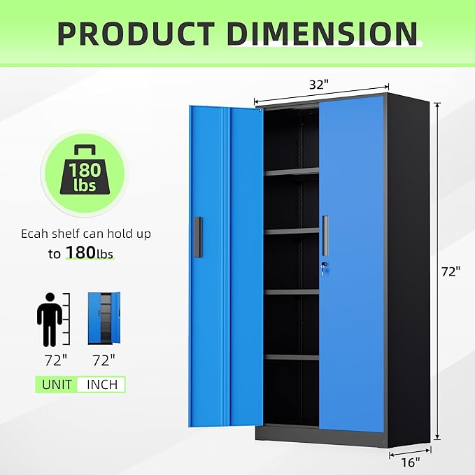 INTERGREAT Metal Storage Cabinet, 72" Locking Steel Cabinets with 2 Door and 4 Adjustable Shelves, Tall Metal Cabinet for Home Office, Garage, Warehouse,(Black+Blue)