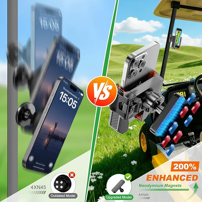 2-in-1 Golf Cart Phone Holder Mount[Magnetic Base&Vise Clamp] Compatible with All 4.5-7" Smartphones (iPhone/Galaxy/Google).Universal Fit for Golf Accessories,EZGO/Club Cars/Yamaha/Golf Cart
