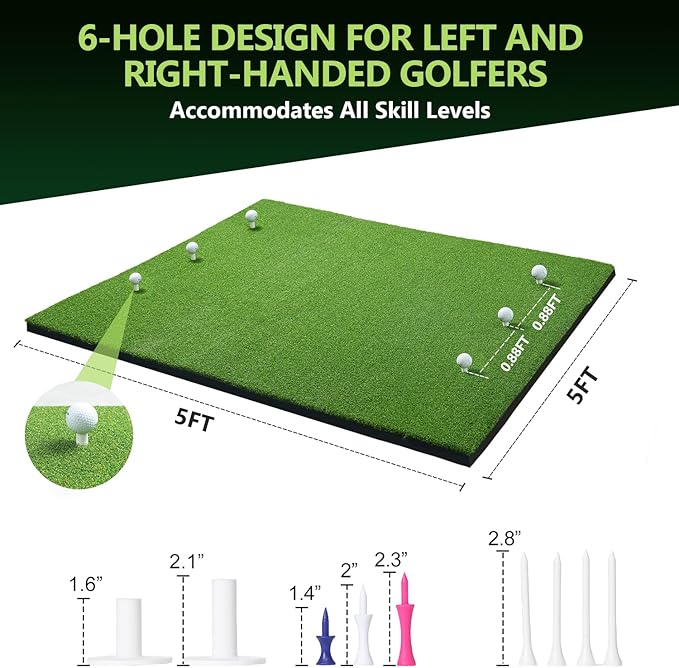 31mm Golf Mats Practice Outdoor & Indoor, 5x4ft/5x5ft Golf Hitting Mat with 9 Tees, Heavy Duty Artificial Turf Matt for Backyard Garage Simulator Training Chipping Driving Swing