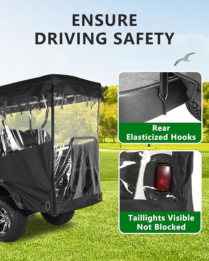 Golf Cart Enclosures 4 Passenger 93 inch Extended Roof for EDACAR Terrain 4 Seater,Clear Rain Cover 4 Sided Transparent Windows Zippers Door Roll Up Driving Enclosure,Side Mirrors Opening(Black)