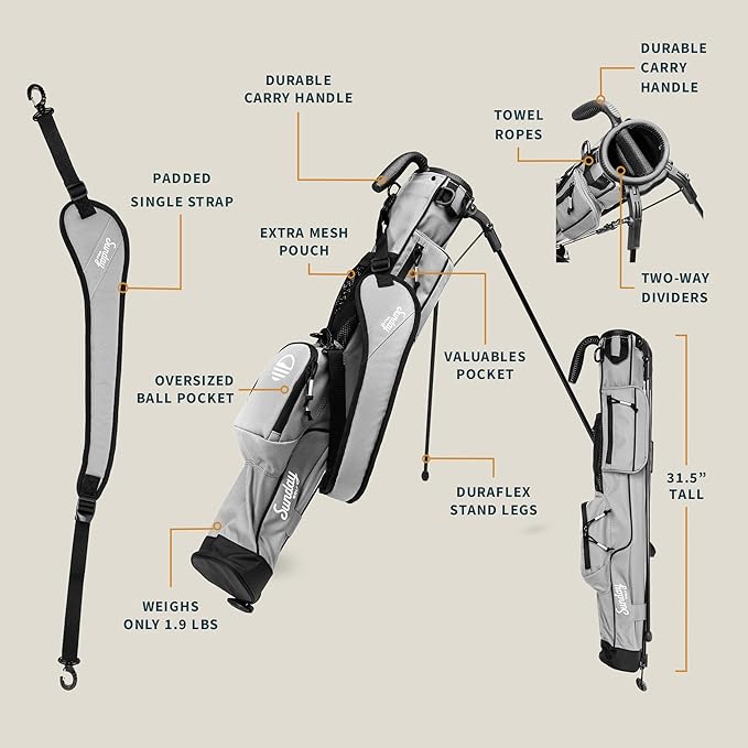 The Original Lightweight Sunday Golf Bag with Stand – Easy to Carry, Durable Pitch & Putt Bag for Driving Range, Par 3 & Executive Courses