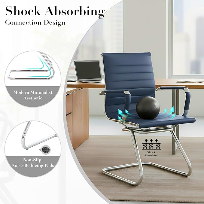 CIMOTA Waiting Room Chairs Leather Office Guest Chair Mid Back Reception Chairs with Sled Base for Meeting/Patient/Conference Room, Navy Set of 6