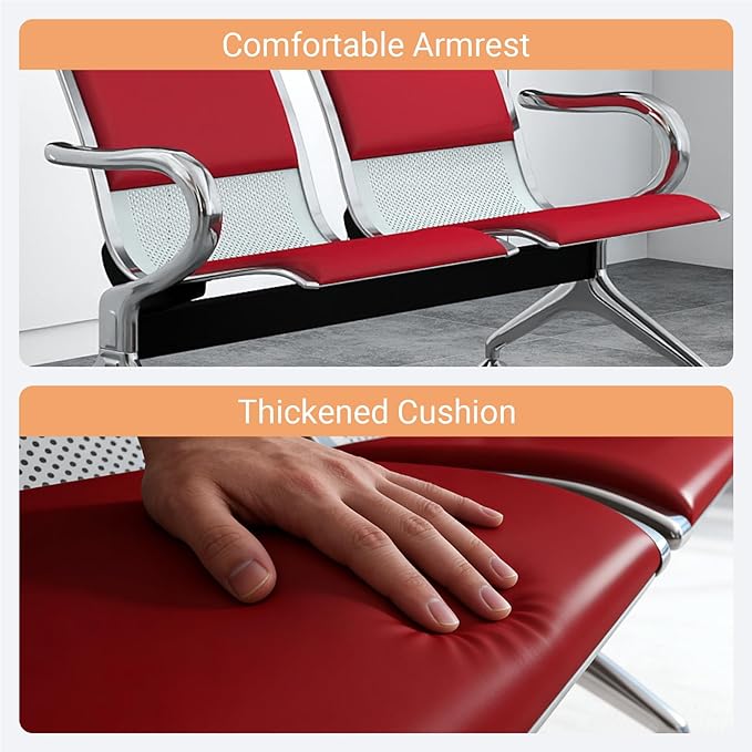 Kinfant 4-Seat Waiting Room Chairs with Arms – Heavy-Duty Steel Frame PU Leather Back & Cushioned Seat, Ergonomic Office Reception Guest Chair for Lobby, Clinic, Airport, Red