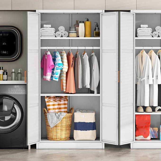 Greenvelly Metal Wardrobe Cabinet with Wooden Handle, 72" Metal Wardrobe Closet with Hanging Rods and Adjustable Shelves, Clothing Storage Closet Cabinet for Home, Office, Employee, Gym (White)