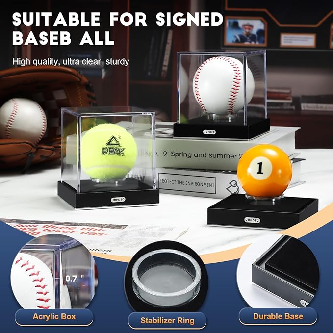 JupDec Baseball Display Case, Clear Acrylic Cube Baseball Holder with Durable Base, UV Protected Autograph Stand Box for Single Ball, Ideal Gift for Collector & Sports Enthusiast, Silvery, 2 Pack