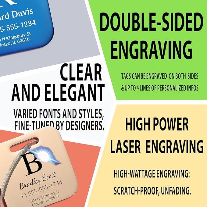 Stainless Luggage Tags for Suitcases 4 Pack: Metal Personalized Luggage Tags for Backpacks & Bags with Customizable Texts (Silver)