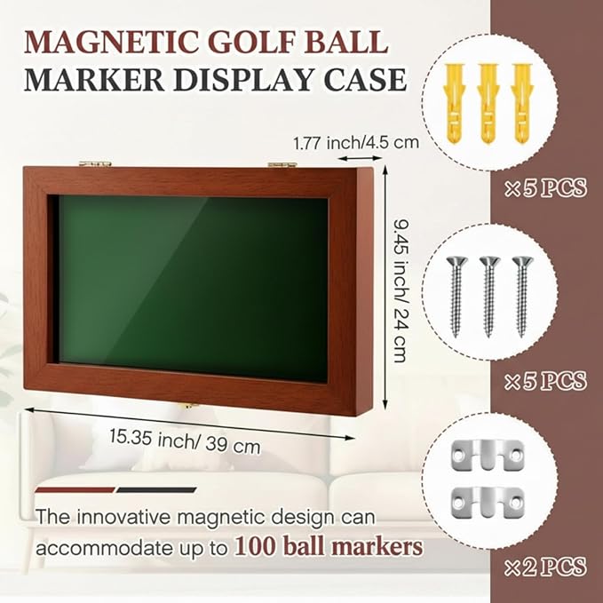 40 Golf Ball Marker Display Case Full Magnetic Backing 15.5" W x 9.5" H Wall Mount Wooden W/98% UV Acrylic Door Lockable Storage Display Box for Ball Marker Collection (Brown)