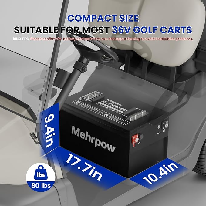 36V 100Ah lithium battery with Bluetooth 200A battery management system and LCD display, supporting over 6,000 charge/discharge cycles and a 25A charger, specifically designed for golf carts.