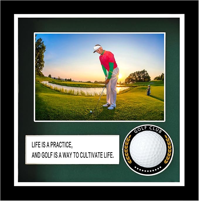 Golf Ball Case Display,9.8"x8.6"Golf Ball Holder Display,Hole in One Display Case,with 4x6 Photo Frame,Solid Wood HD Glass Golf Display (Black) ﻿