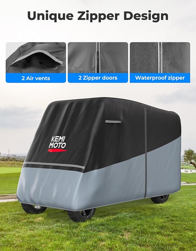 KEMIMOTO Golf Cart Cover, 2/2+2/4/4+2/6/6+2/8 Passenger Heavy Duty Golf Cart Rain Covers with Storage Bag Universal Compatible with EZGO Club Car