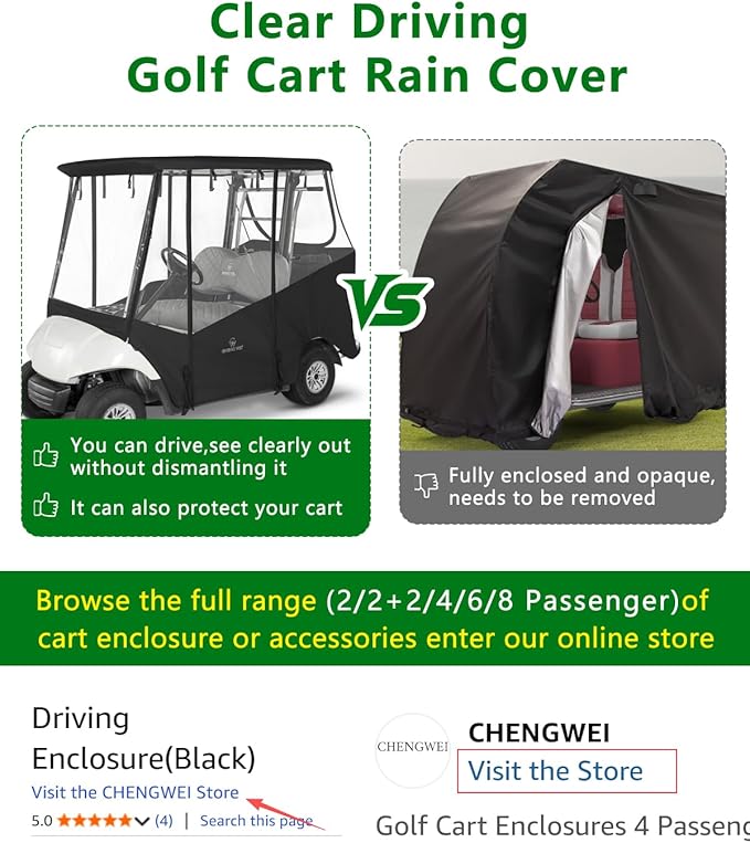 Golf Cart Enclosure 2 Passenger for Yamaha G29/Drive 2,600D Clear Rain Cover Driving Winter Enclosure 2 Seater,Roll Up 4 Sided Transparent Windows Door with Heavy Duty Zipper,Side Mirrors Openings
