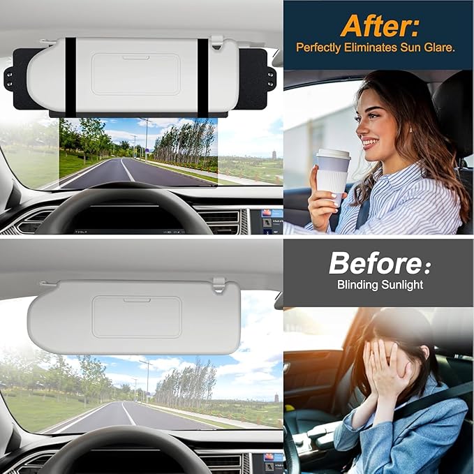 Veharvim Sun Visor Extender for Car with 2 Side Sunshade, Polarized UV400 Visor Extender Attachment for Car Visor with PC Lens,Anti-Glare for Safe Driving