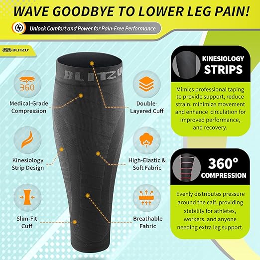 BLITZU 3 Pairs Calf Compression Sleeves for Men and Women. Footless Compression Socks & Leg Support for Running, Travel, Nursing, Fitness. Shin Splints Pain Relief & Reduce Swelling Black L-XL