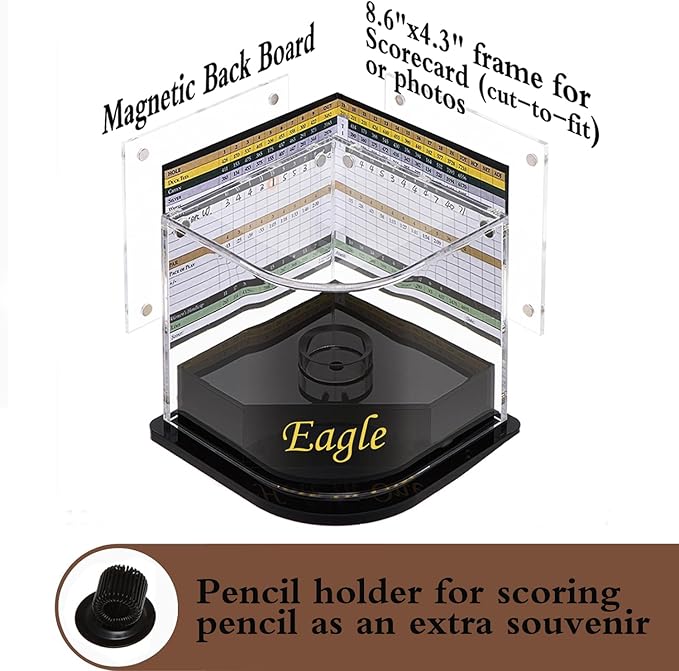 Golf Ball Display Case for Eagle Golfer. Black Ball Throne with Golden Stamp. 2X Background Frames on Each Side of Cambered Cover. Pencil Holder, Adhesive Dots are All Included, No Assembly