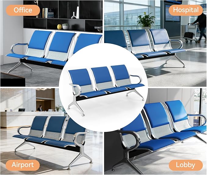 Kinfant 3-Seat PU Leather Waiting Room Bench – Blue Reception Chair for Office, Hospital, Bank, Salon, Airport